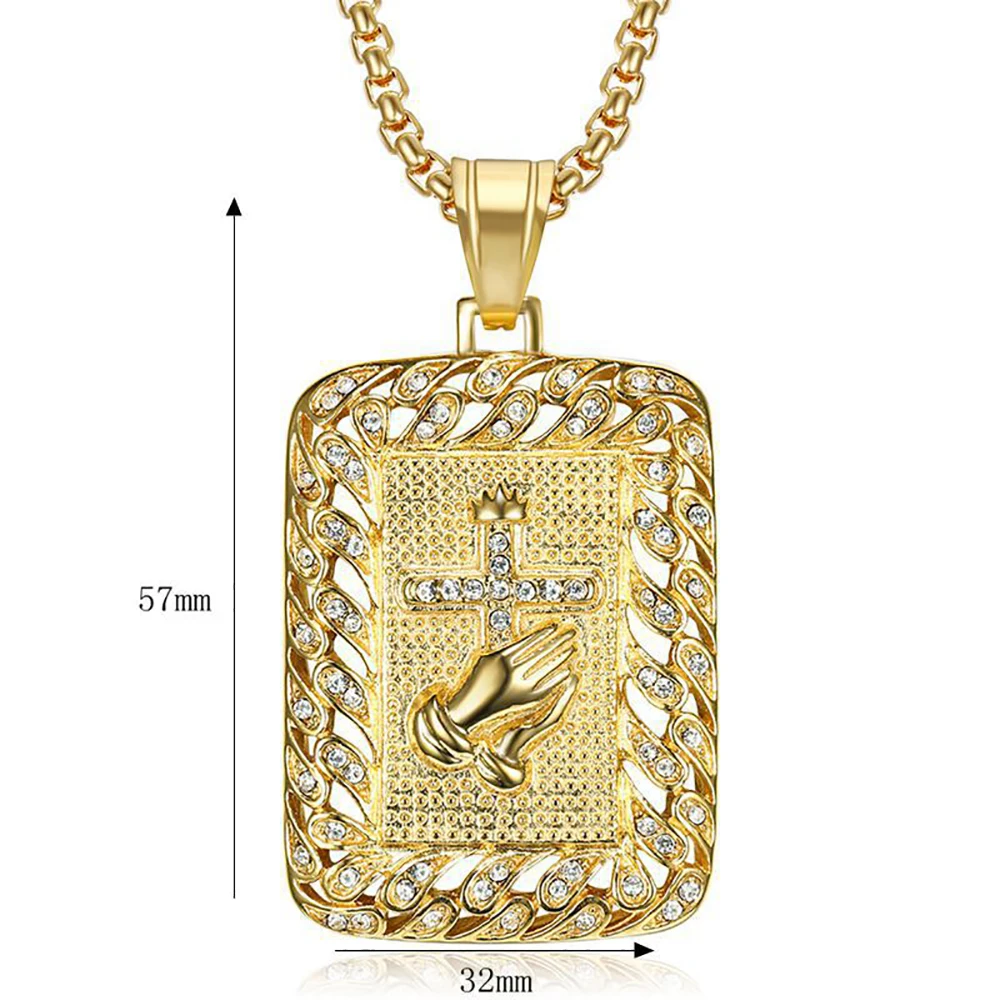 Religious Praying Hands Cross Pendant Male Gold Color Stainless Steel Christian Square Necklaces for Men Jewelry Gift