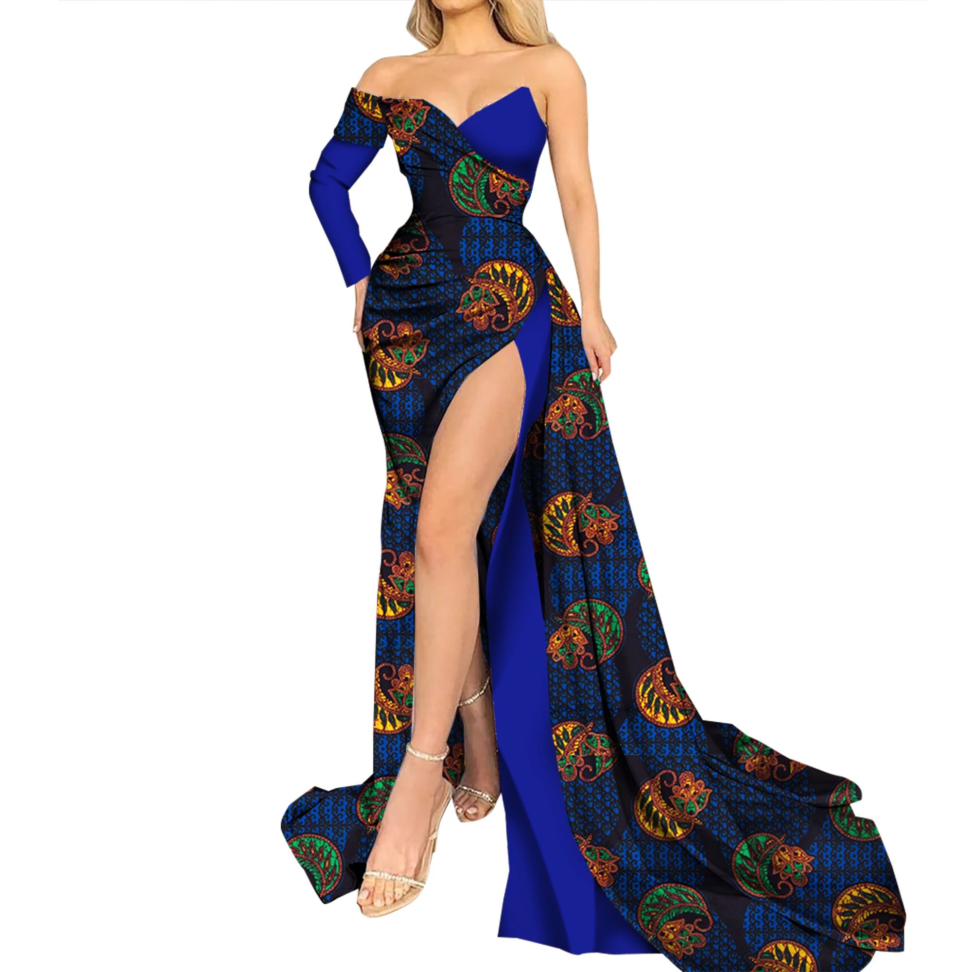 فستان ماكسي أفريقي للنساء كم واحد بدون أكتاف فستان الحفلات طول الأرض فساتين مطبوعة أفريقية رداء أفريقي نسائي WY9914