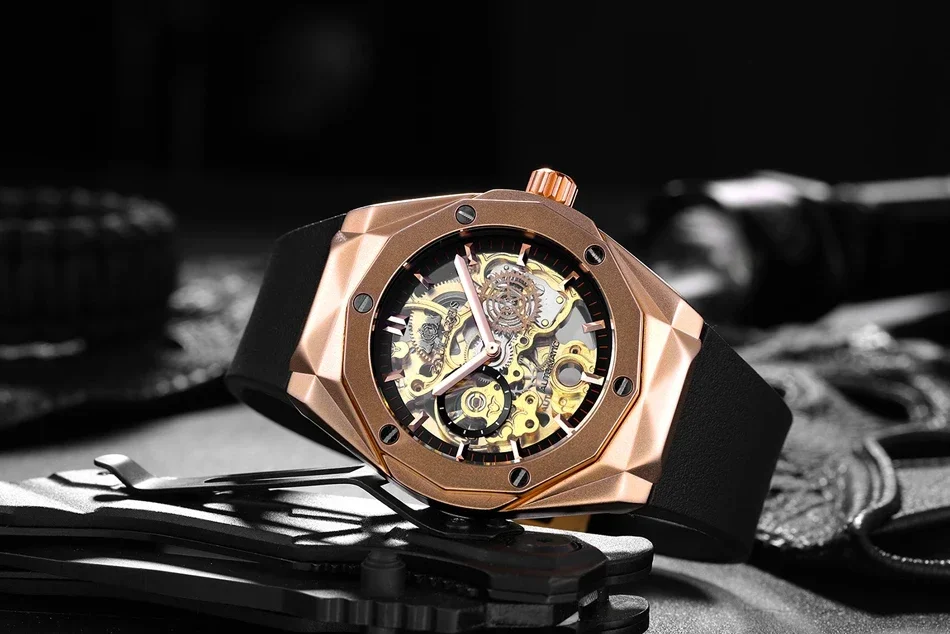 Men Automatic Skeleton Self Wind Mechanical Rose Gold Silver Black Case Rubber Strap Sports Watch