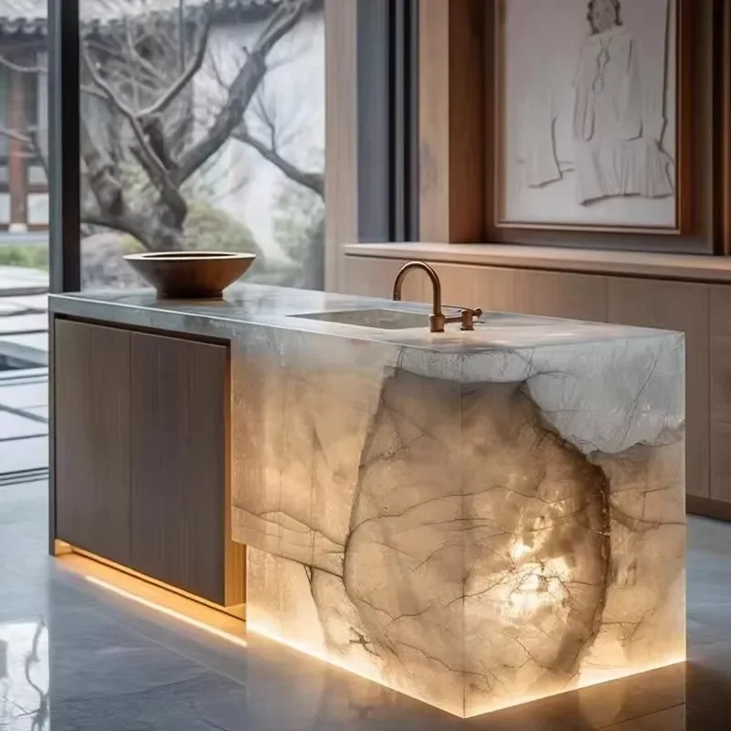 Rectangular Stone Luminous Island Dining Table with Integrated Water Bar Counter Customizable Dining Room Furniture