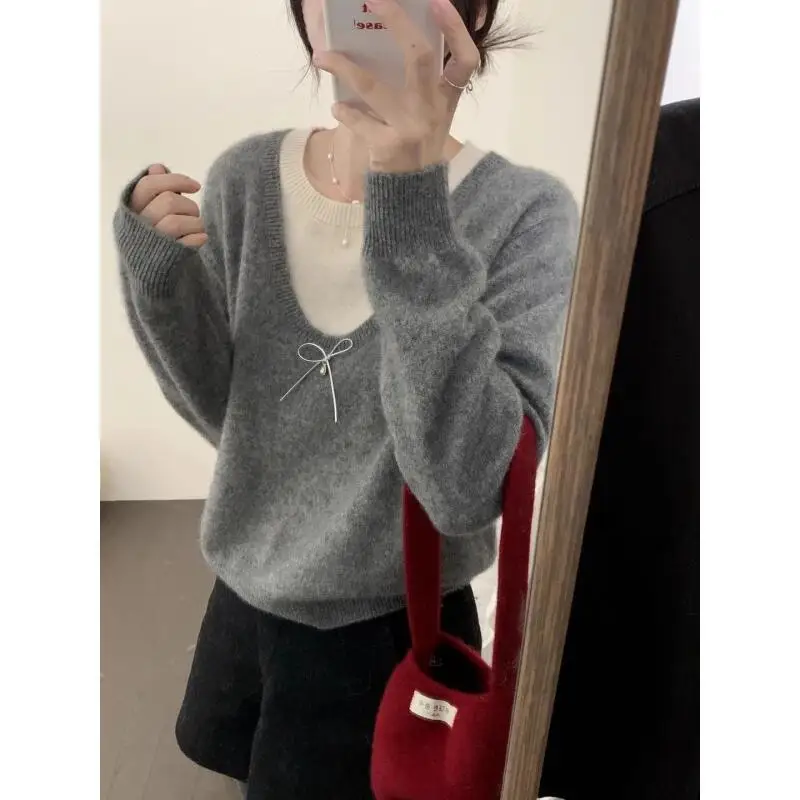 เสื้อกันหนาวฤดูใบไม้ร่วงและฤดูหนาว เสื้อกันหนาวสไตล์เกาหลี สีตัดกัน ฤดูใบไม้ร่วงและฤดูหนาว ทรงสั้น รุ่นหวาน เสื้อกันหนาวหวาน รุ่นใหม่