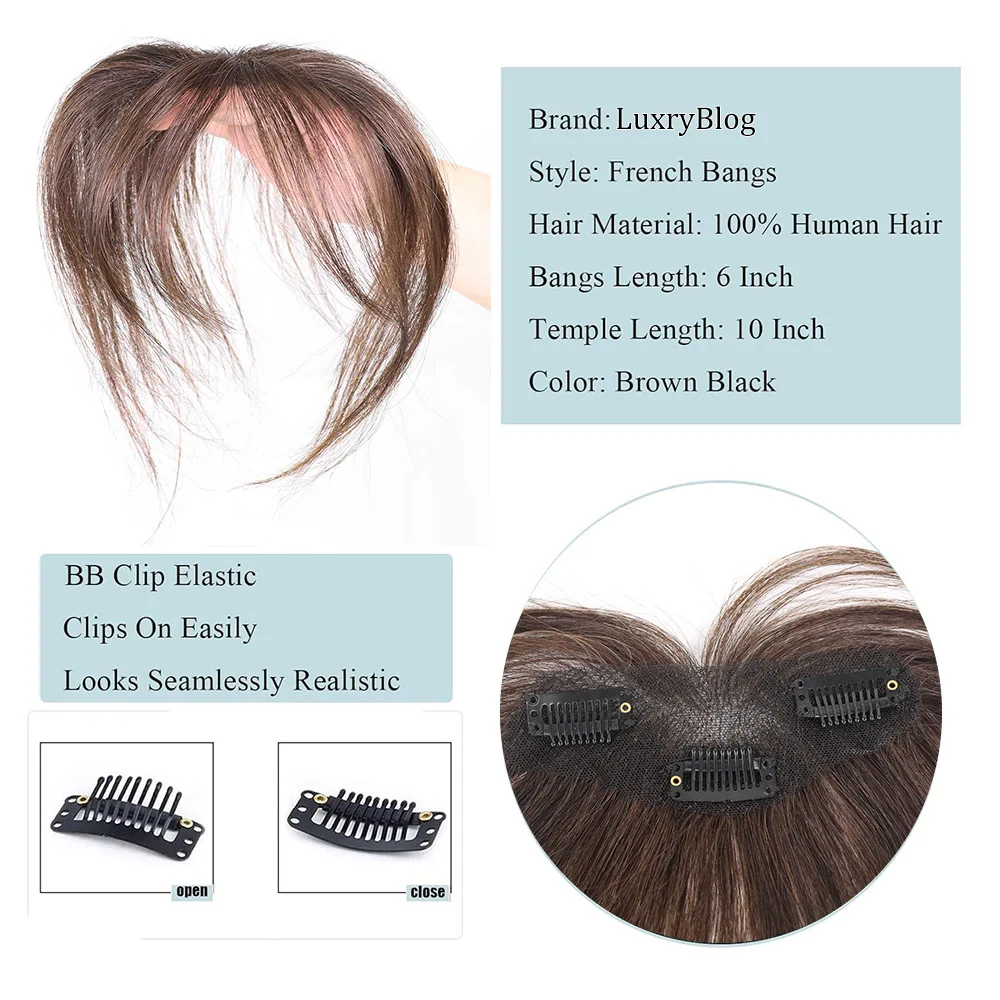 Brown Clip In Bangs 100% Real Human Hair Wispy French Bangs Fringe with Temples Hairpiece Air Bangs for Women Hair Extensions