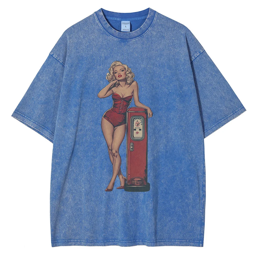 Heavyweight Cotton Distressed Washed T Shirts Monroe Posing At A Gas Station Comic Graphic T-shirts Vintage Oversized Tee Shirt