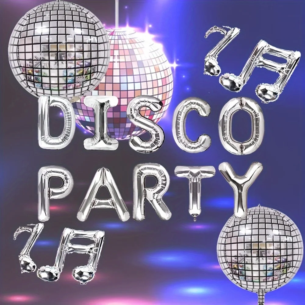 16-teiliges 90er Retro Disco Themen-Party-Set: Silberne Buchstaben-Folienballons & Musiknoten-Dekorationsballons