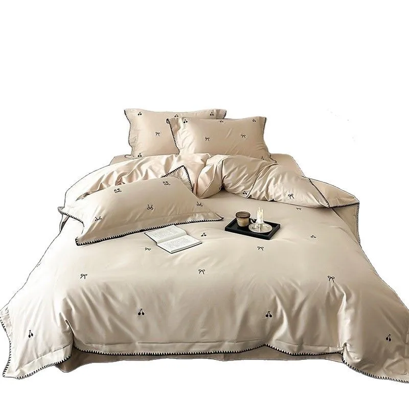 Bow cherry embroidery high-end duvet cover, cotton bedding, gray champagne color