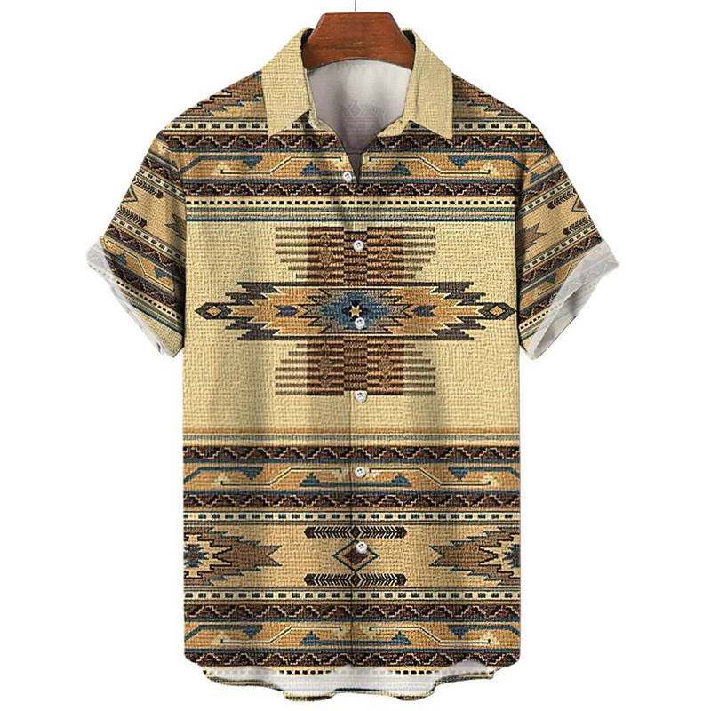 Geometric National Pattern 3d Print Hawaiian Shirt Men Summer Street Short Sleeves Tops Oversized Lapel Button Blouse Clothes