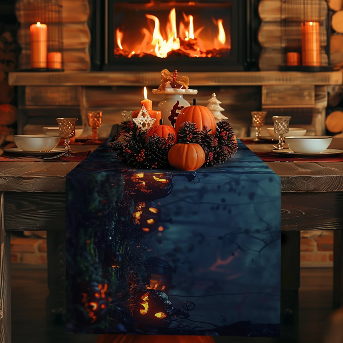 Jack-o-lantern Table Runner Kitchen Dining  Table Decoration for Indoor Outdoor Home Table Runners Washable Dining Long Cloth