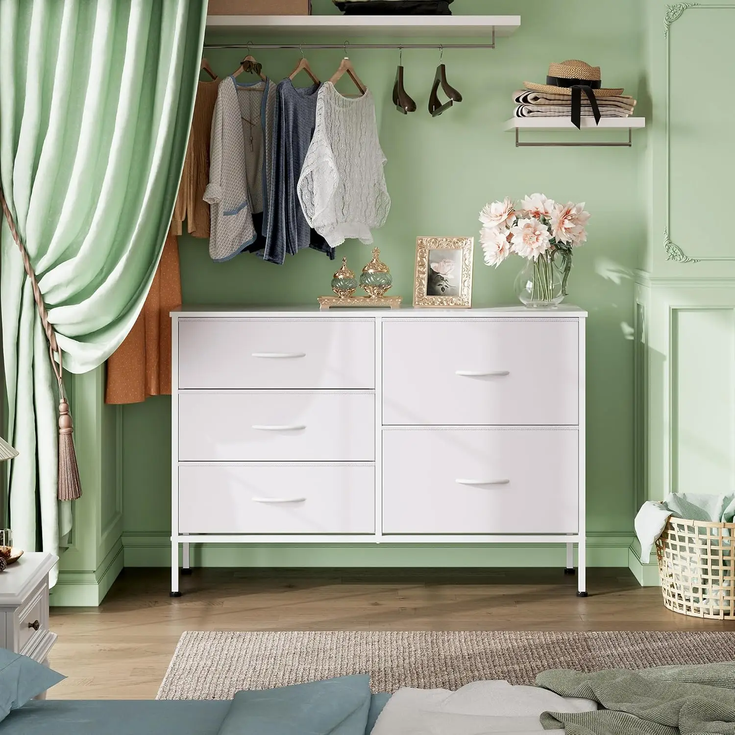 

Wide Bedroom Dresser with 5 Drawer Organizers, Chest of Drawers, Fabric Dresser for Living Room, Closet, Hallway, White