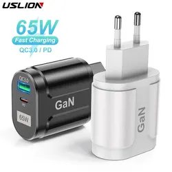 USLION 65W GaN USB C 충전기, 한국 EU 미국 플러그, PD USB-C 타입 C 고속 USB 충전기, 아이폰 14 샤오미 삼성 맥북용