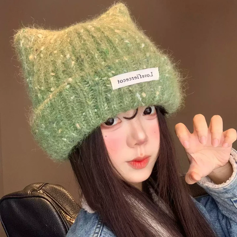 Cute Cat Ear Knit Beanies for Women Fuzzy Space‑Dye Yarn Cuffed Skullcap Sweet Warm Winter Face‑Flattering Casual Streetwear Hat