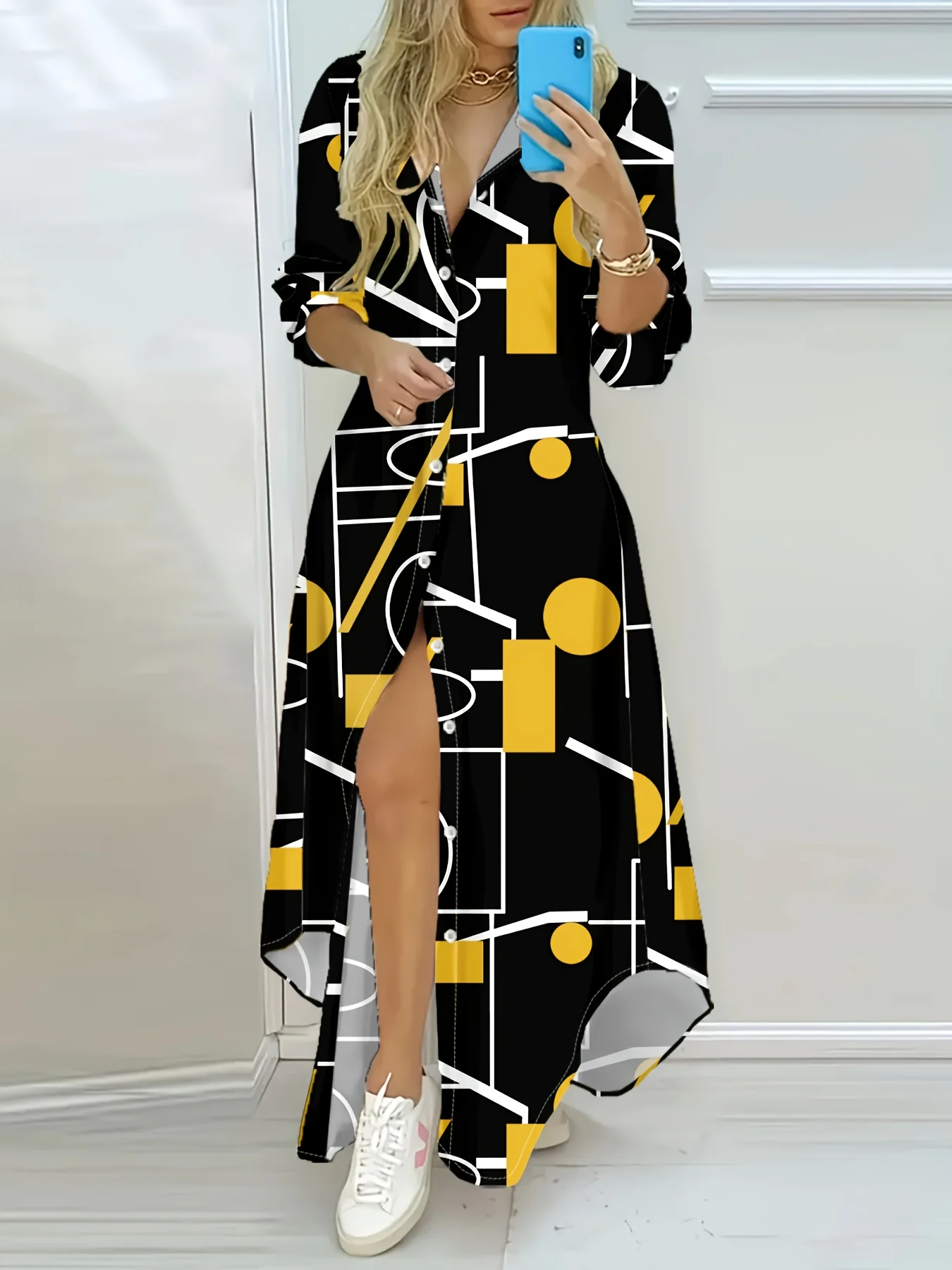Damen Langarm-Midikleid, lässig, geometrischer Druck, schwarz, weiß, gelb, A-Linien-Kleid, Frühling, Herbst, modisch, trendige Bürokleidung