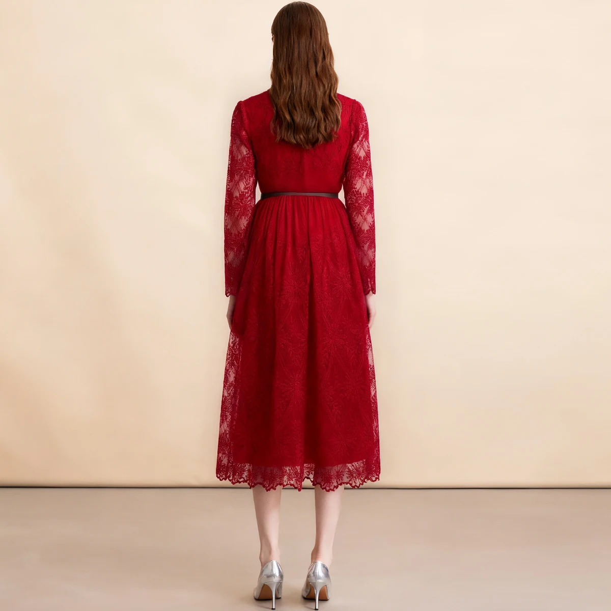 여성용 드레스 신상 긴 소매 턴다운 칼라 레이스 여성 드레스 우아한 슬림 레드 드레스 여성 여름 드레스 Q1954