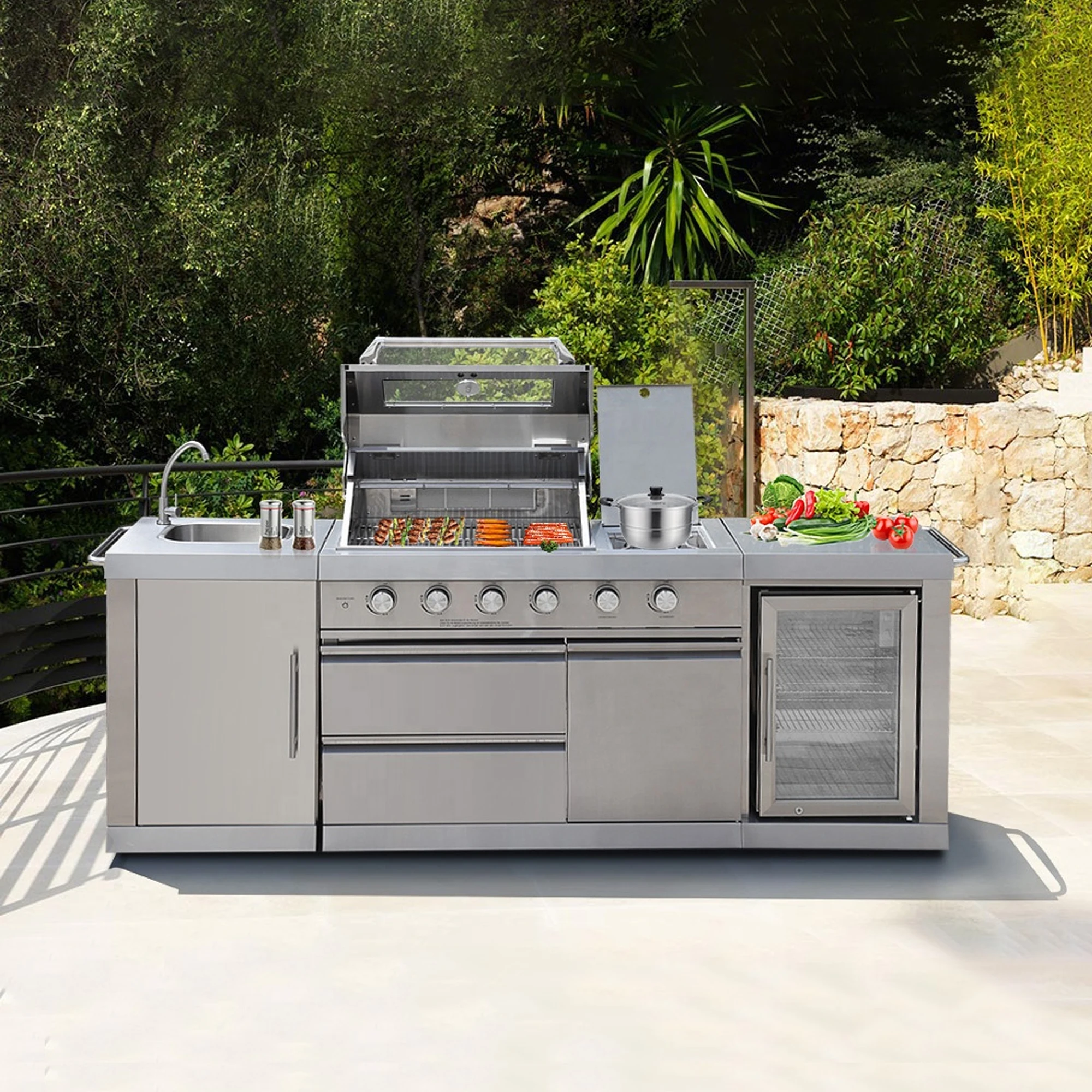 Practical Outdoor Kitchen Set 304 Stainless Steel BBQ Grill with Gas Cylinder Bracket & Sink for Outdoor Entertaining