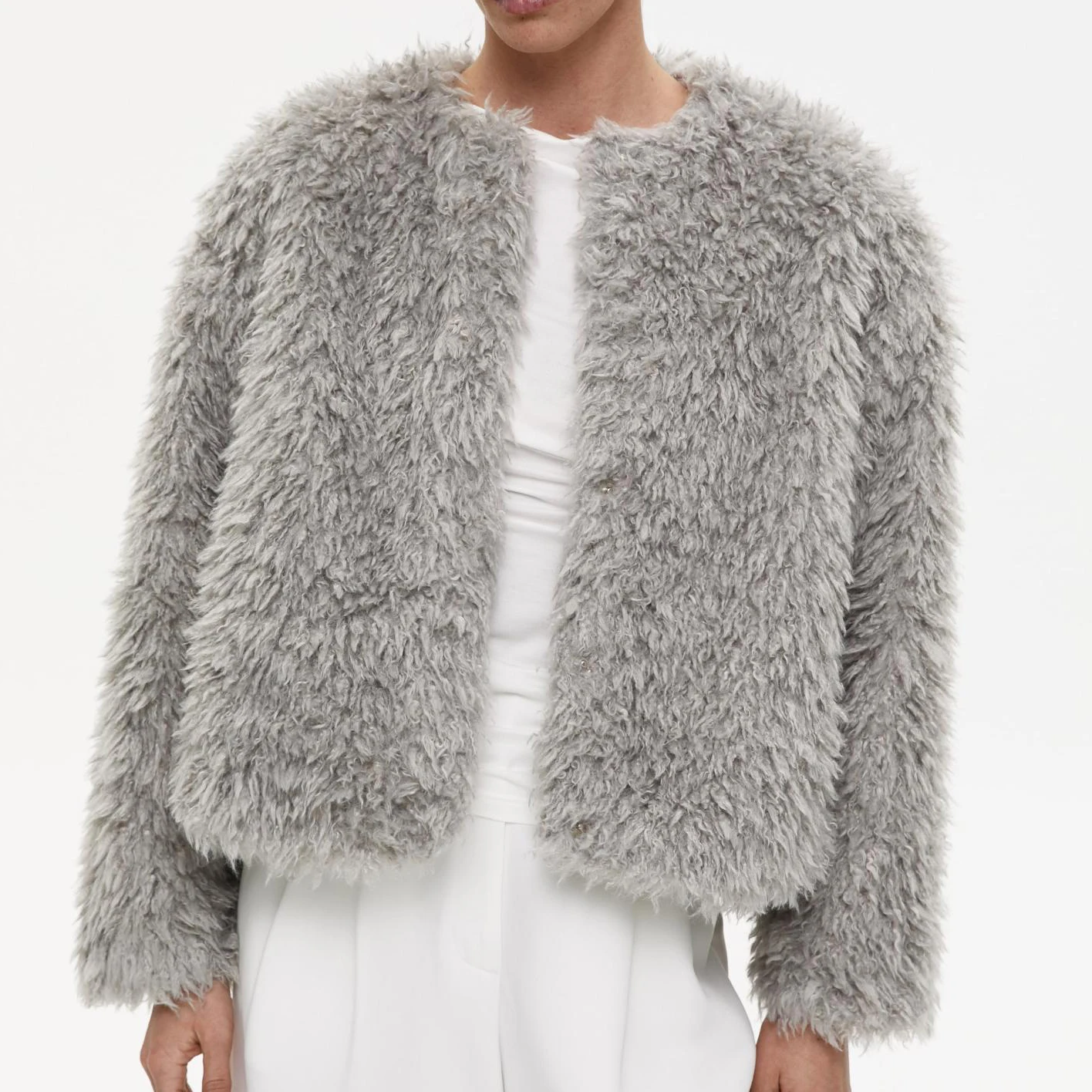 2026 Women's Open Front Curly Fluffy Faux Fur Short Jacket, Crew Neck Drop Shoulder Long Sleeve Boxy Cropped Plush Fur Coat Mini