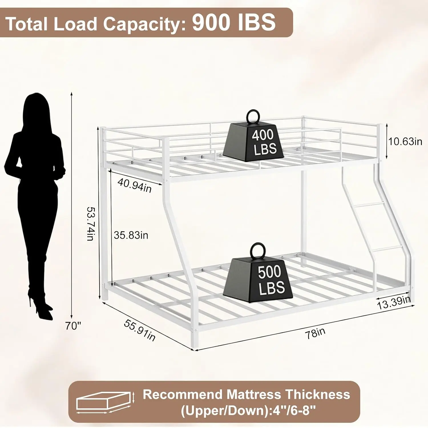 Heavy Duty Metal Bunk Bed Twin Over Full with Ladder Full Length Guardrail | No Box Spring Needed ,Space Saving,, Customized