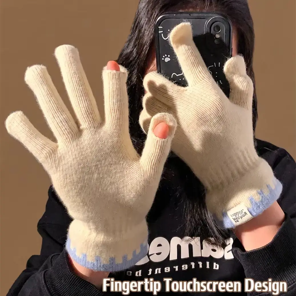 Soft Skin-Friendly Knitted Fingerless Gloves Women Versatile Warm Winter Cycling Gloves Open Fingers Touchscreen Compatibility.