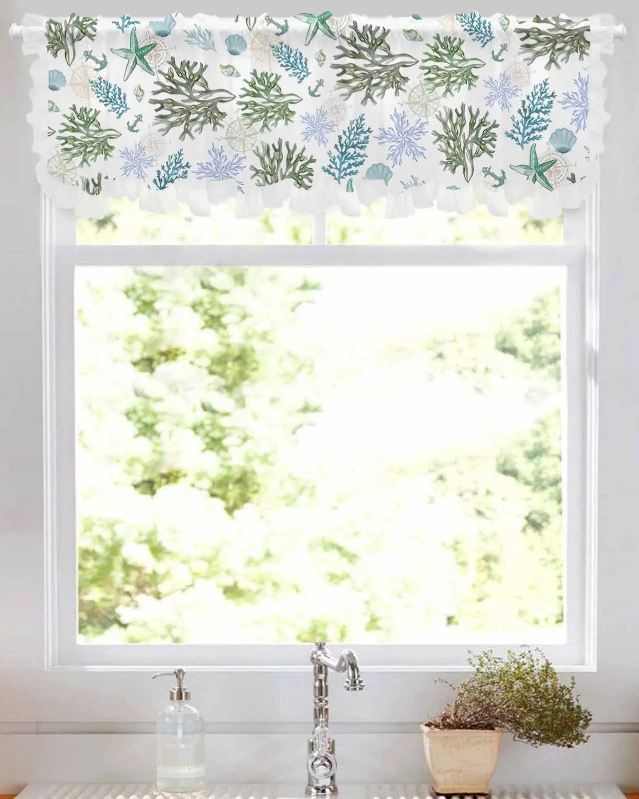 Coral Starfish Shell Short Tulle Half Curtains for Living Room Kitchen Door Cafe Window Sheer Valance Drapes