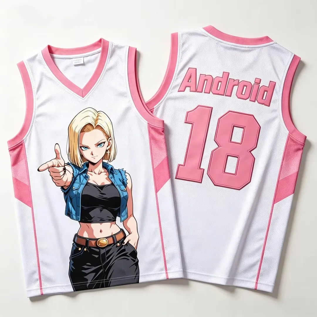 2026 New Arrival Dragon Ball Women Basketball Vest Android 18 Graphic Print Contrast Edge Breathable Sleeveless Sport Jersey