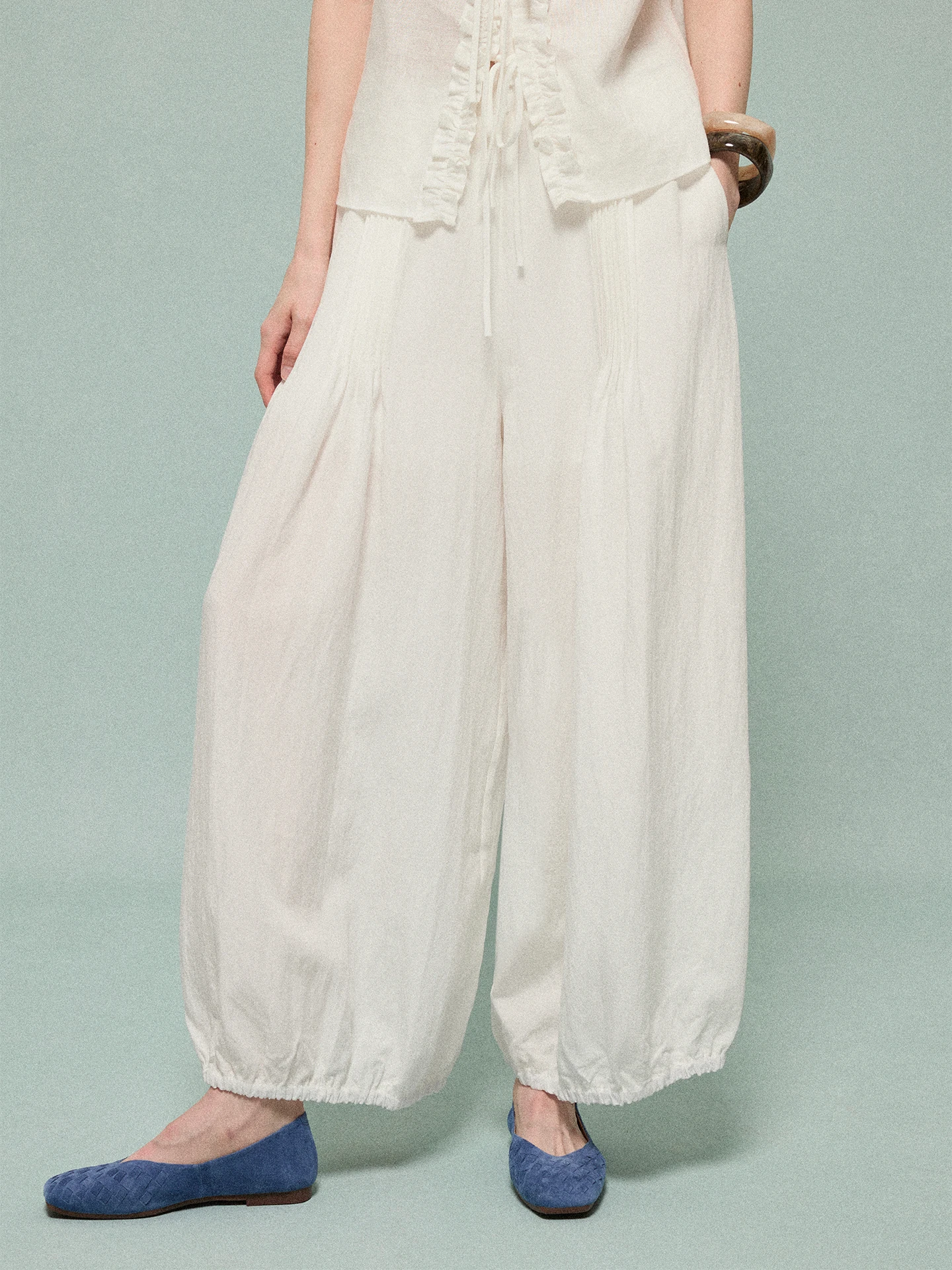 Moofeel  Linen White Lantern Pants Summer Thin Design Pressed Pleat Nine-Tenths Commute Casual Pants Ladies High Waist