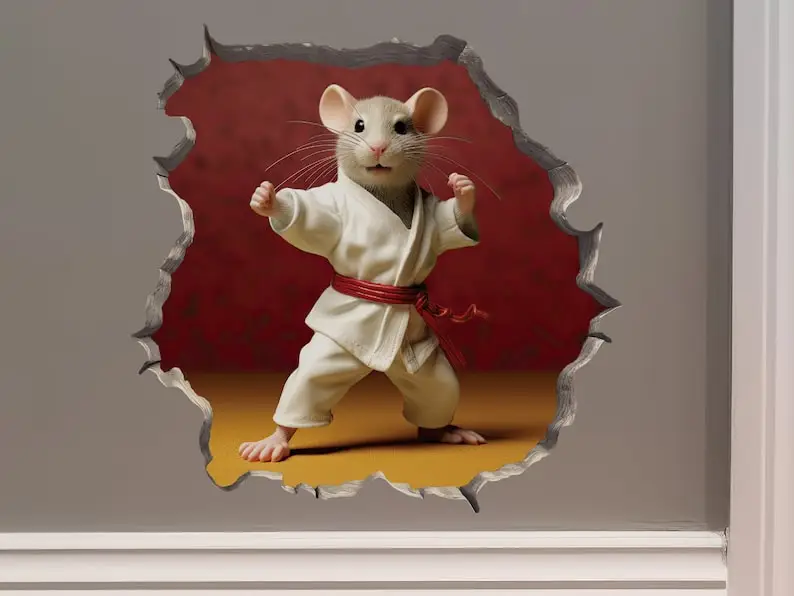 Karate Mouse in Mouse Hole Decal - Mouse Hole 3D Wall Sticker