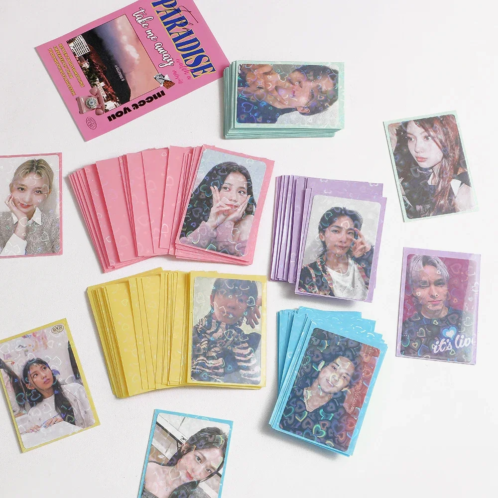 50Pcs Kpop Photo Card Sleeves 61x91mm Color Laser Heart Cards Holder For Holo Postcards Top Load Film idol Photo Card Protector