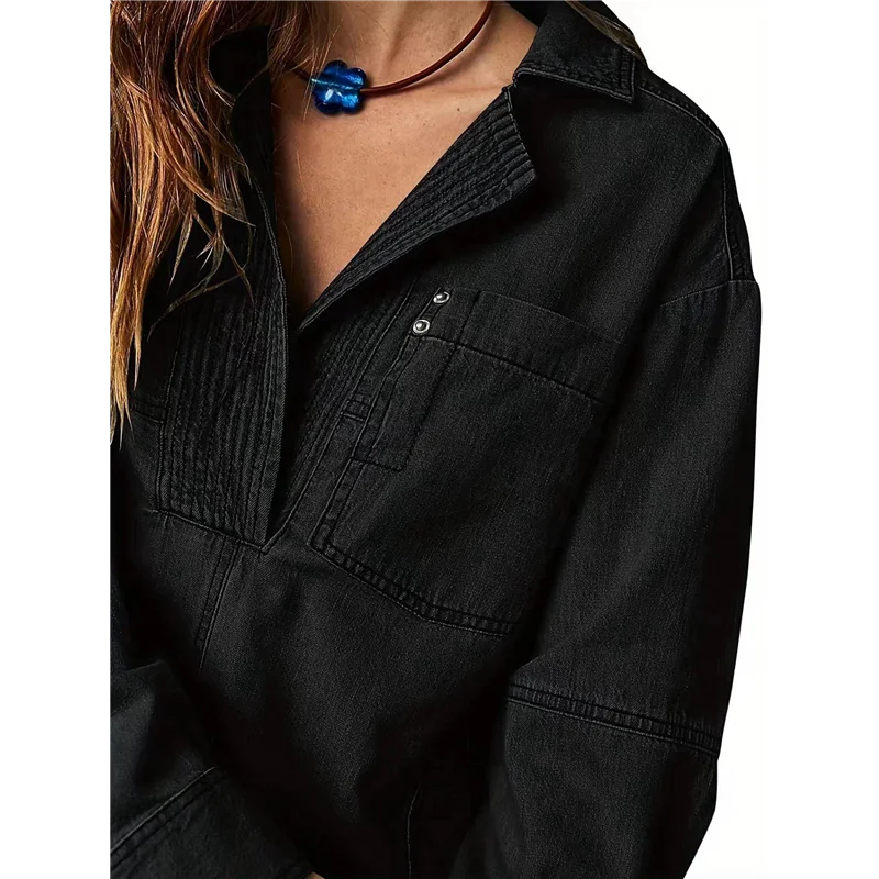 

ABP-Women's Denim Pullover Casual Button V Neck Blouse Loose Fit Long Sleeve Jean Jacket With Pocket