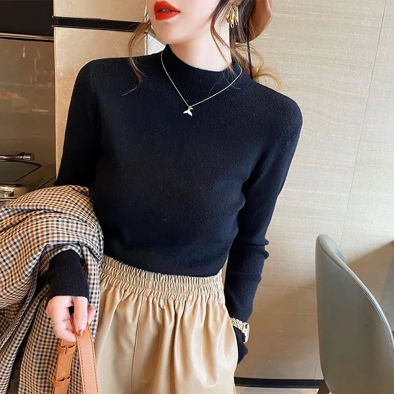 Women\'s 2024 New Autumn Winter Spliced Sweater Half High Collar Printed Letter Fashion Minimalist Casual Long Sleeve Knitted Top