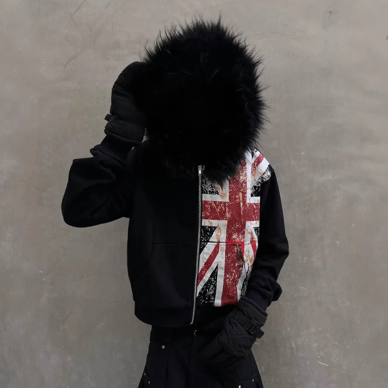 Übergroßer schwarzer Kapuzenpullover mit Kunstpelzkragen für Damen, 2025, Vintage-Stil, UK-Flagge, Aufdruck, Streetwear, Reißverschlussjacke, Gothic-Punk-Mode-Oberbekleidung