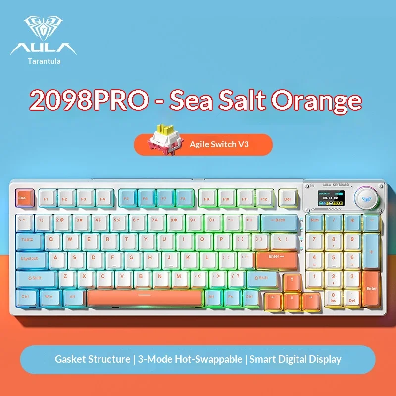 Mechanical Keyboard F2098 Pro Sea Salt Orange Tri Mode Hot Swap Custom Smart Lcd Screen Gasket Structure For Esports Gaming