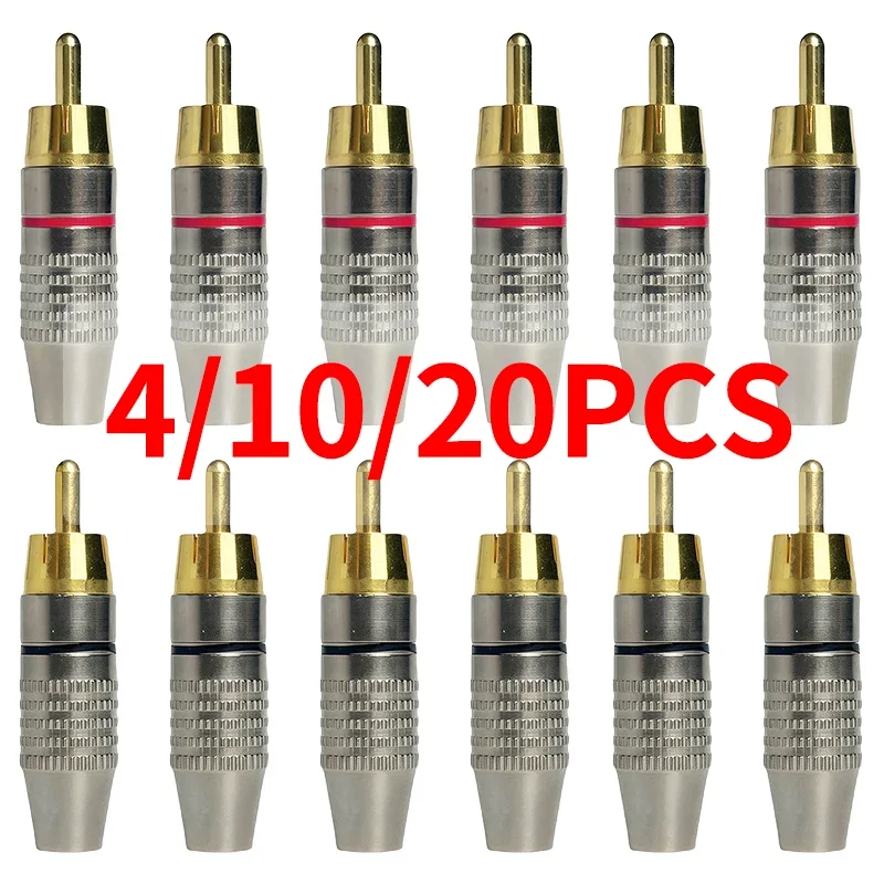 4/10/20PCS Solderless Gold RCA Plugs - Metal AV Connectors for Amplifier, Speaker, Audio Video - DIY Easy Install