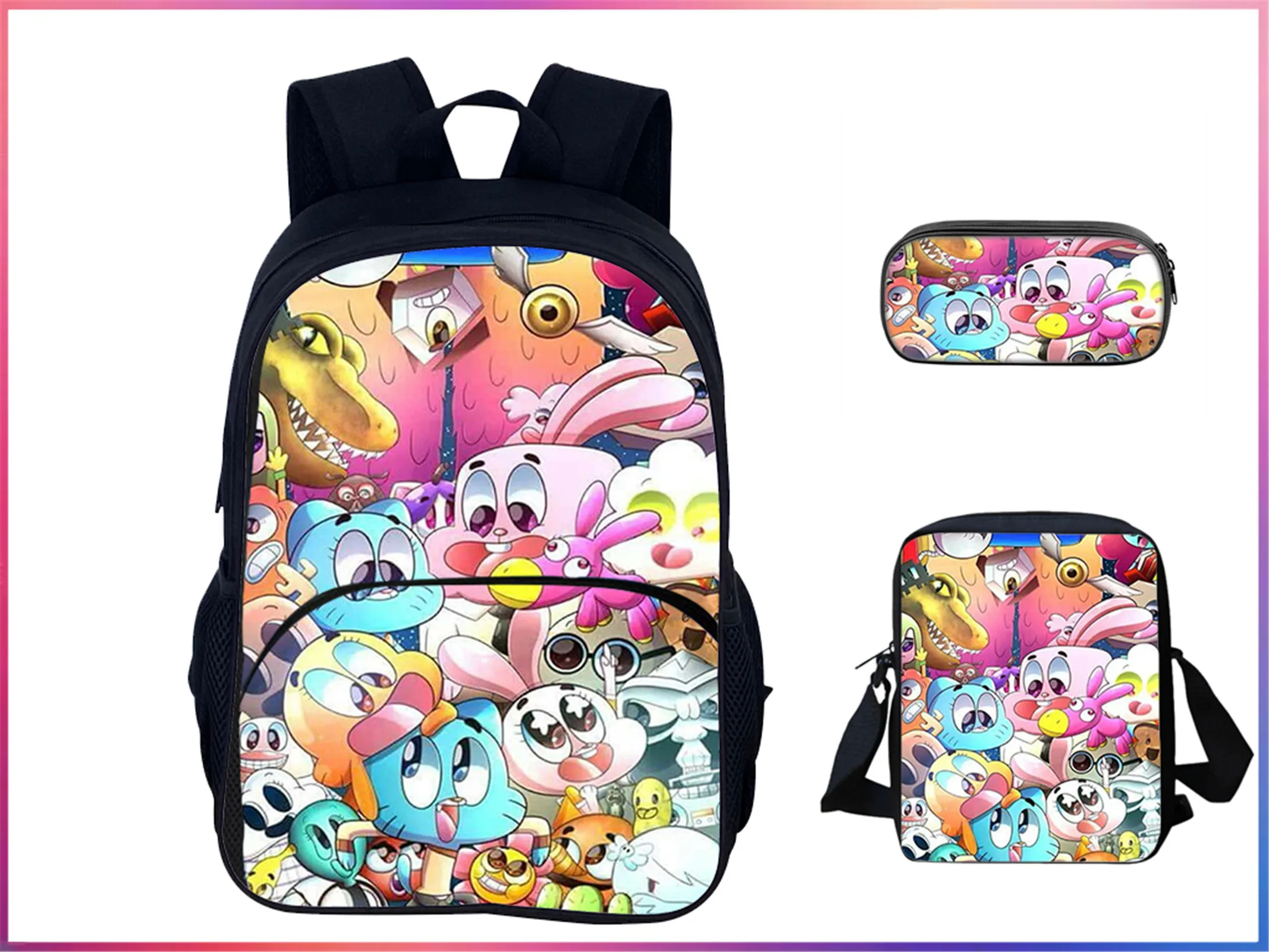 

HOT 3 in 1 Knapsack Set-Boys The Amazing World of Gumball Big Backpack+Lightweight Shoulder Bag+Pencil Box for Little Children