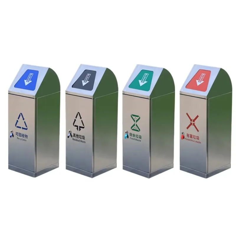 4 Compartments Street Stainless Steel Garbage Public Commercial Trash Bin Recycle Garden Outdoor Metal Waste Bins with Lid