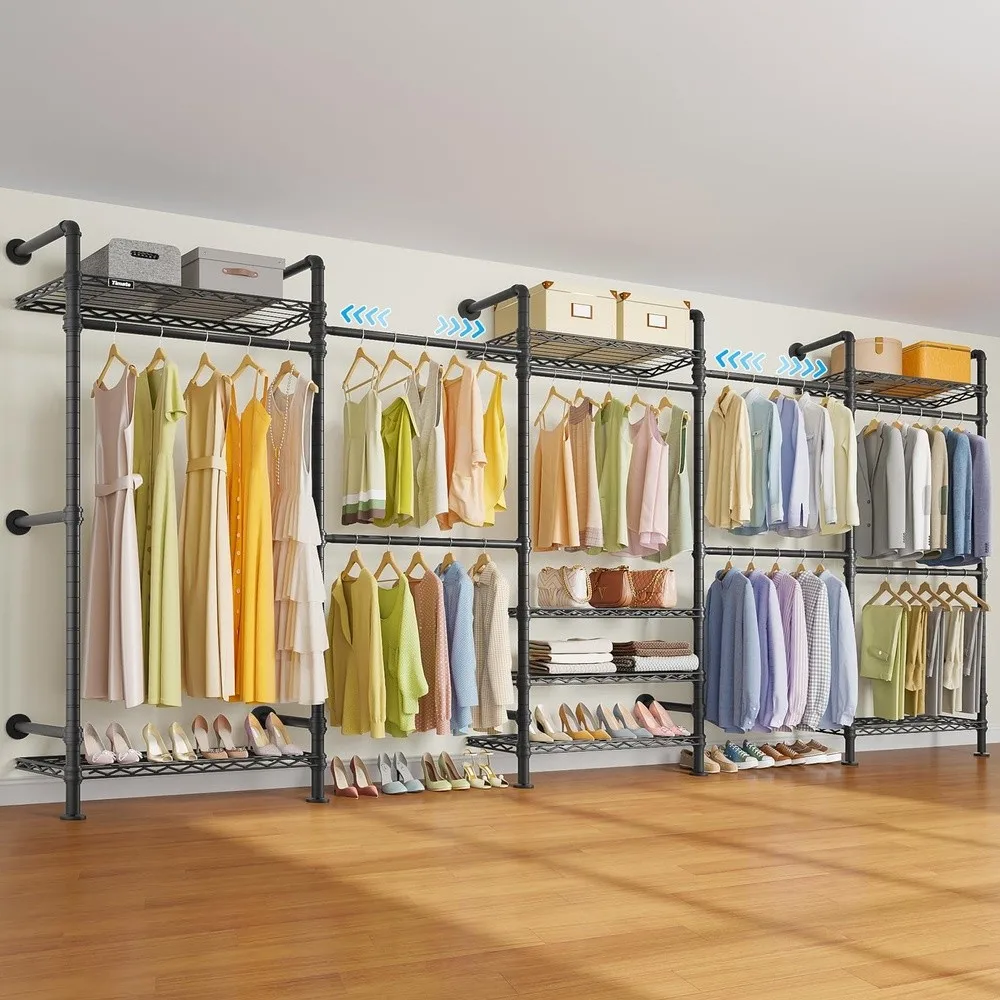 F5 Expandable Wall Mounted Clothes Rack with 8 Adjustable Shelves & 4 Expandable Hanger Rods Heavy Duty Industrial Pipe
