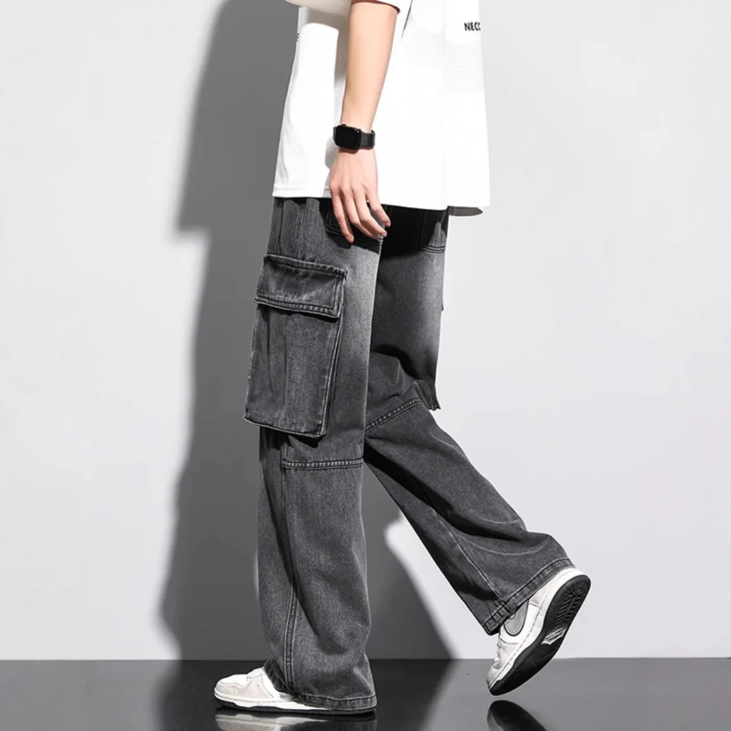 Size Trendy Men's Loose Wide Leg Cargo Jeans Washed Gray Denim Trousers with Multi-Pocket Design for Streetwear