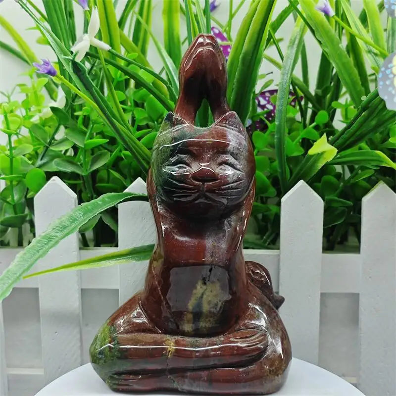 Natural Ocean Jasper Yoga Cat Carving Statue Crafts Animal Polished Healing Figurine Home Ornament Gift 1PCS
