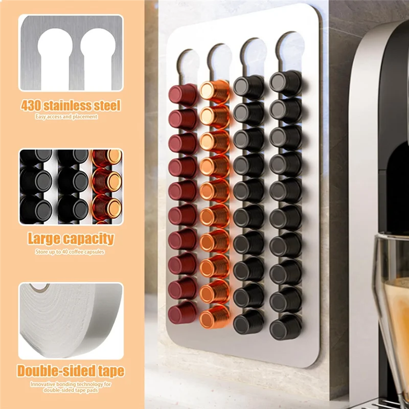 

AEE4-1 Pcs Coffee Pods Holder Coffee Capsule Holder Stainless Coffee Holder Holds 40 Coffee Pods Organizer With Double Sided Adh