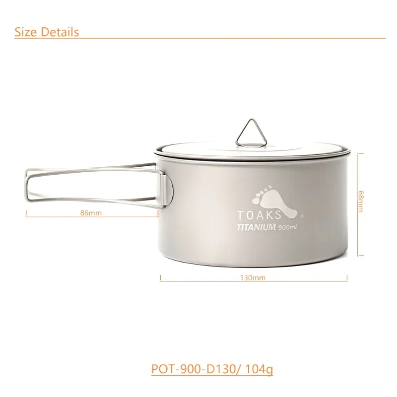 TOAKS 900ml Pot Titanium Camping Cookware Outdoor Can be Used As a Cup, Bowl and Pan POT-900-D130