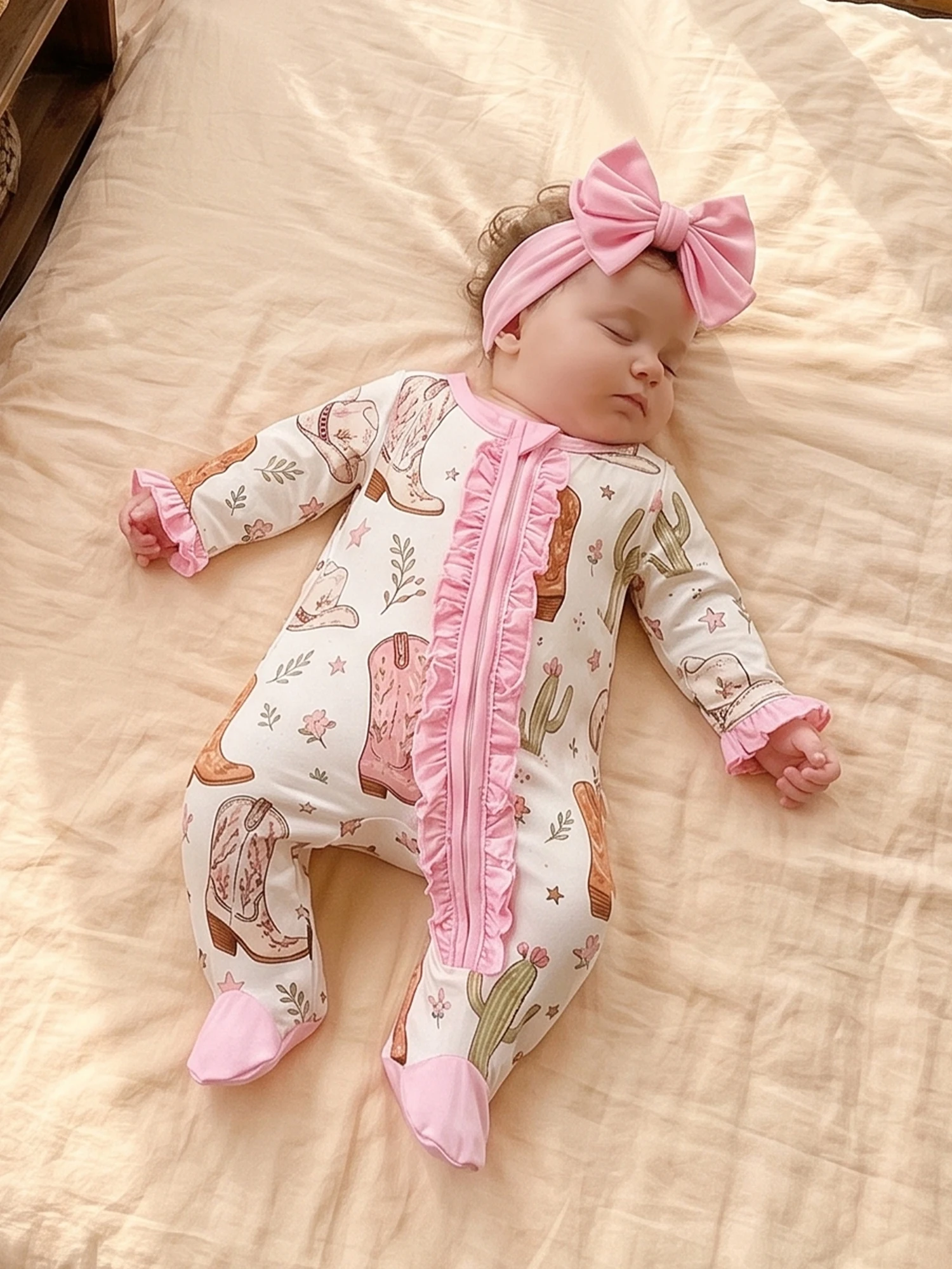 Bodysuit With Headband Cactus Girl Baby Girl Sleeve Cactus Up Zip-Up-Romper Baby Lightweight Bodysuit With Headband Cactus