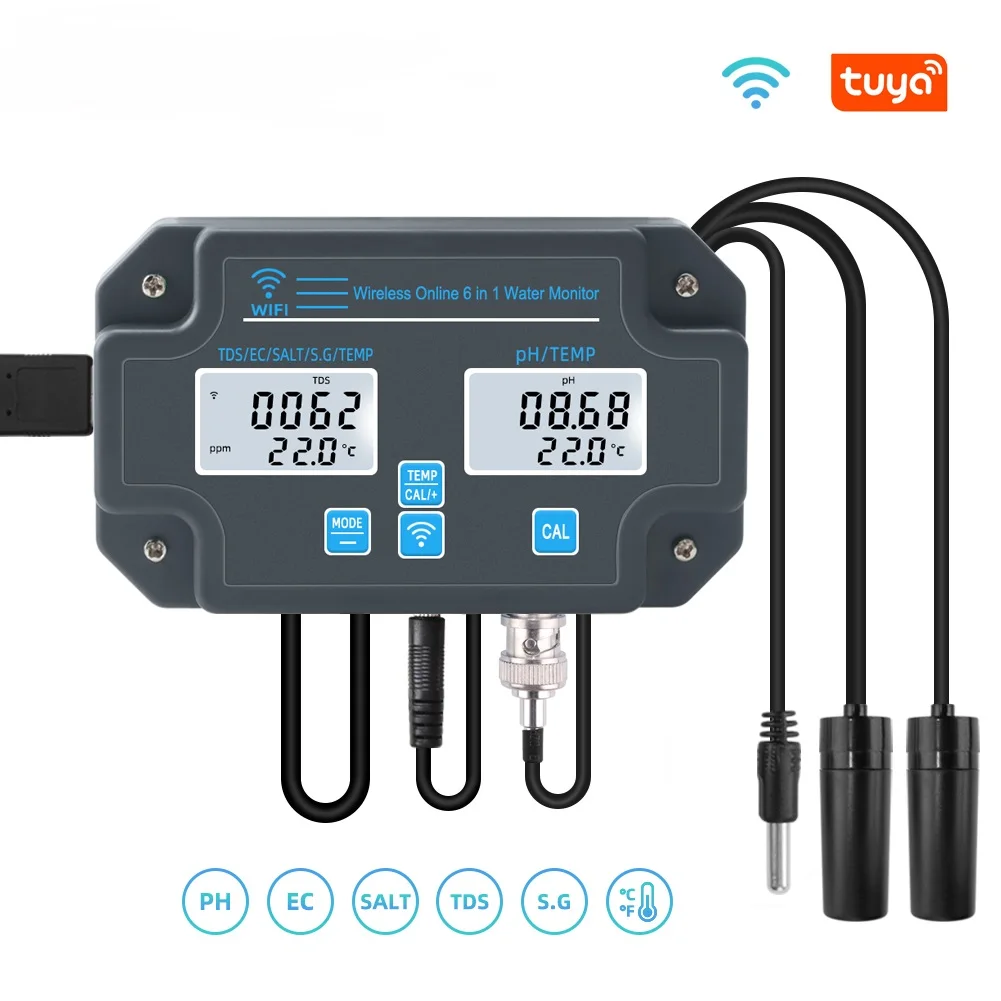 

WiFi Digital Online PH Meter Tuya APP Water Quality Monitor PH/TDS/EC/Salinity/Temp Tester for Fish Tank Aquarium Swimming Pool