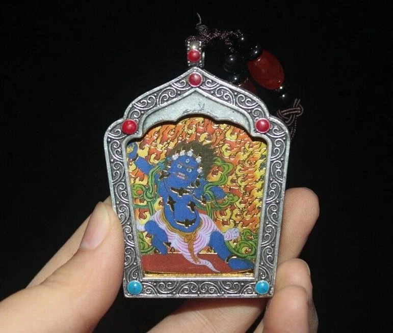

Tibetan Silver Gem Vajrapani Mahakala Amulet Thangka Pendant Tibetan Buddhism Shrine Jewelry