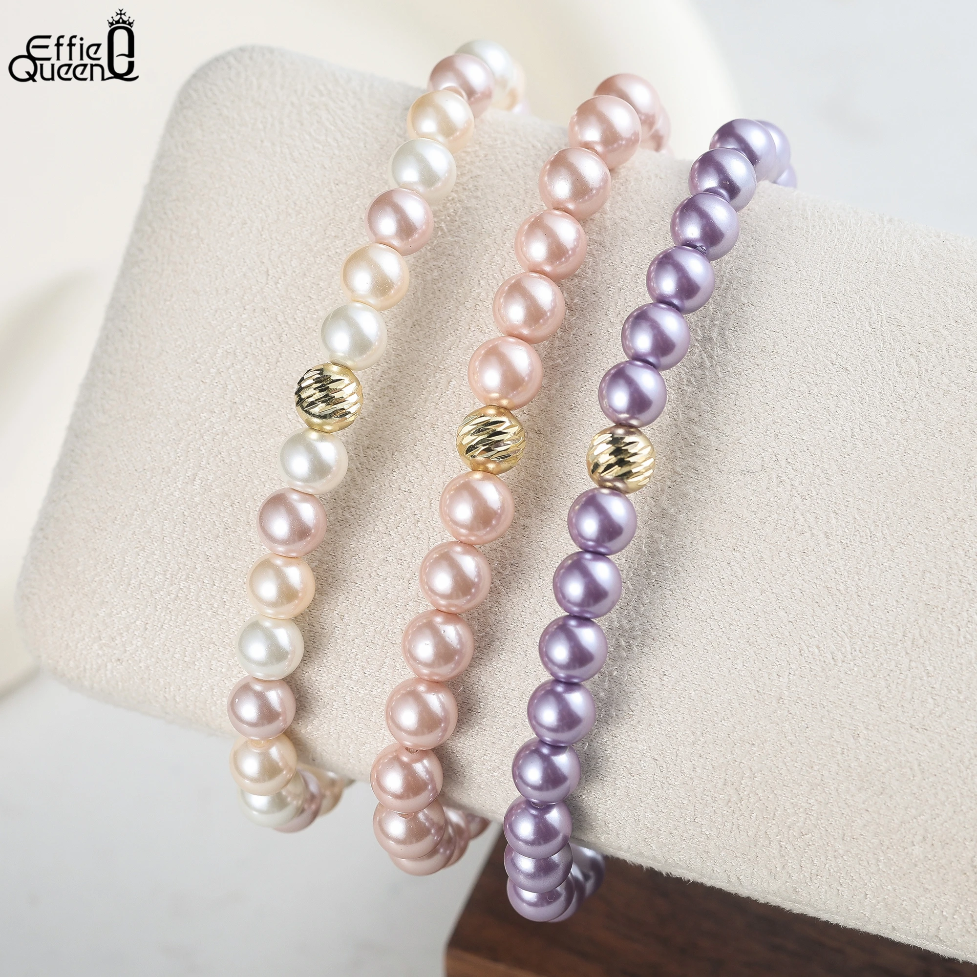 EFFIE QUEEN 100% S925 Silver 14k Gold Round Shaped Shell Pearl Pink, Purple and Multi-Color Simple Jewelry for Women Gift PSB09