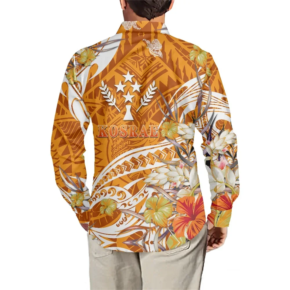 Autumn Casual Men's Shirt Polynesian Tribal Kosrae Islands Clothing Floral Printed Special Long Sleeve Button Up Polyester Shirt