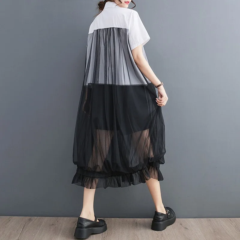Small niche design, fashionable mesh patchwork shirt skirt, dark style Yamamoto style loose casual dress