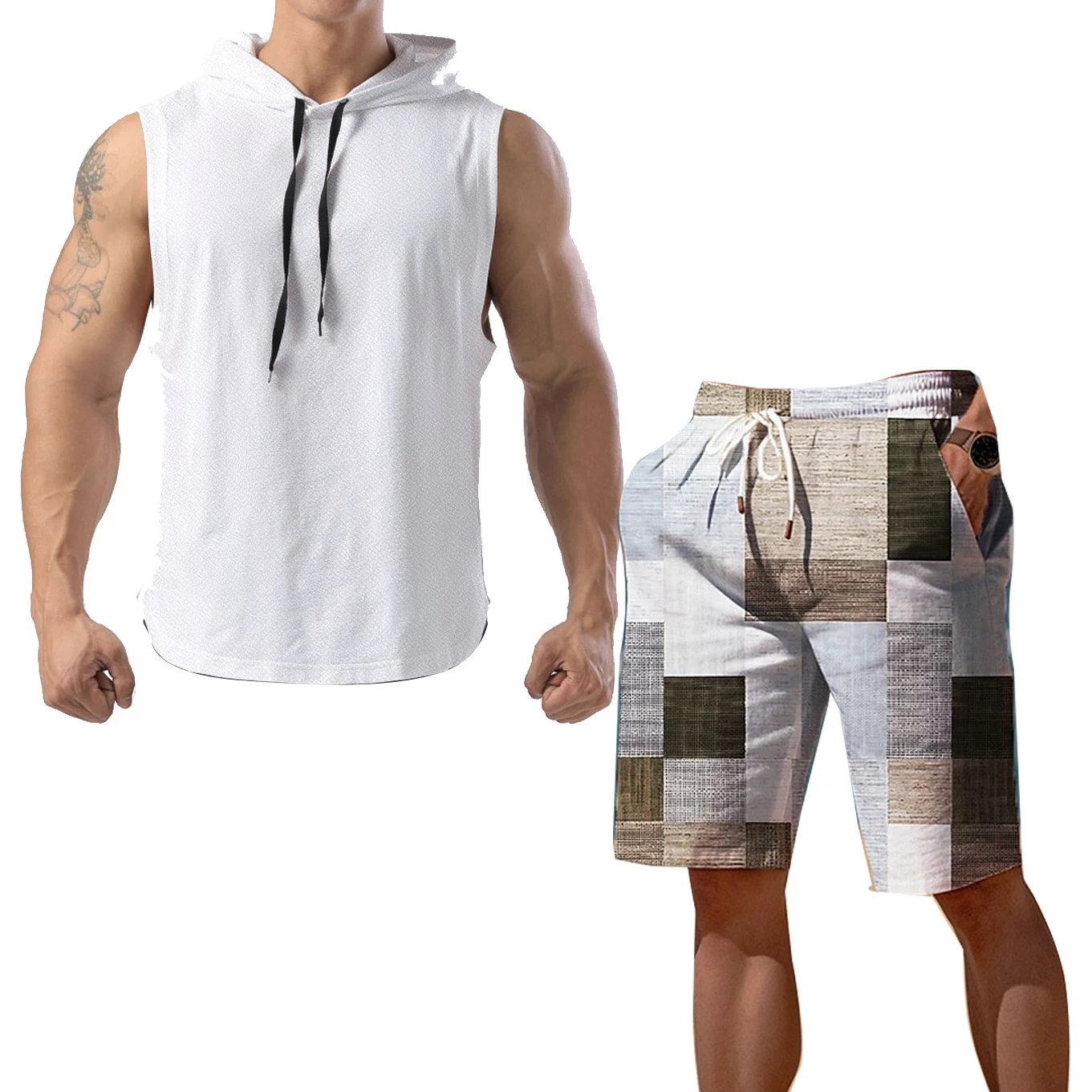 

2025 New 3D Printed Shorts men's sports suit sleeveless hooded T-shirt shorts pants sports vest two-piece set summer gym sports