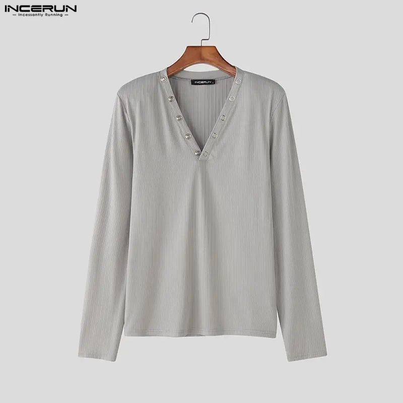 INCERUN الرجال تي شيرت بلون الخامس الرقبة طويلة الأكمام عادية الذكور المحملة القمم الشارع الشهير محبوك موضة الترفيه الرجال الملابس S-3XL