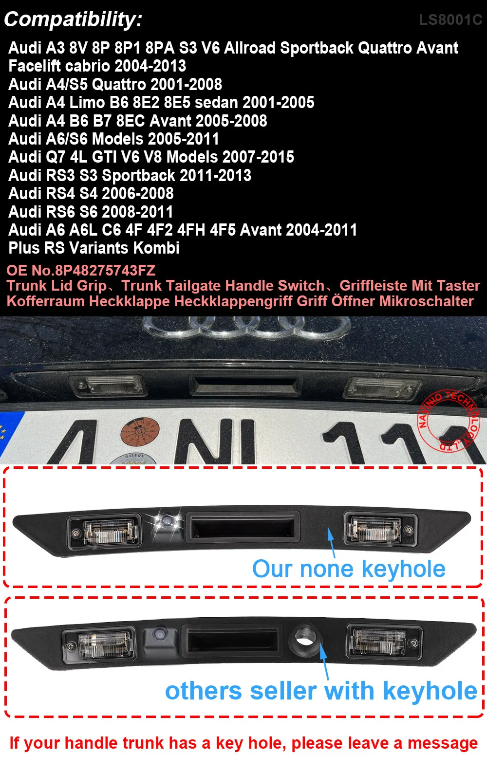 HD None Keyhole Truck Handle backup Rear view Car Camera for Audi A4 B6 B7 8EC Avant 2005-2008 Audi A6/S6 Models 2005-2011