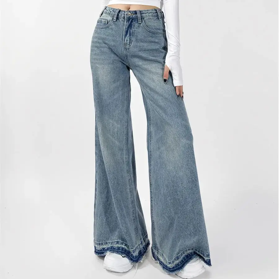 Women Loose Denim Pants Floor Length Tight Trousers Amercian Retro Washing Blue Low Waist Flare Wide Leg Jeans