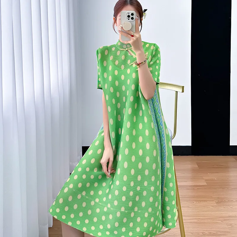 Pleats Pleated Dresses 2024 Summer New Design Polka Dot Print Panels Loose Straight Crotch Covering Dresses for Women Clothing