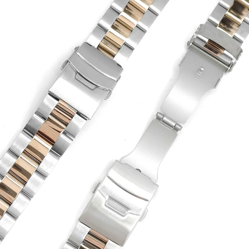 سوار المحار من الفولاذ المقاوم للصدأ ، 22 ، وصلات صلبة ، وصلات نهاية منحنية ، رباط ذو لونين ، سوار ساعة ذهبي وفضي لـ SKX007 ، SRPD