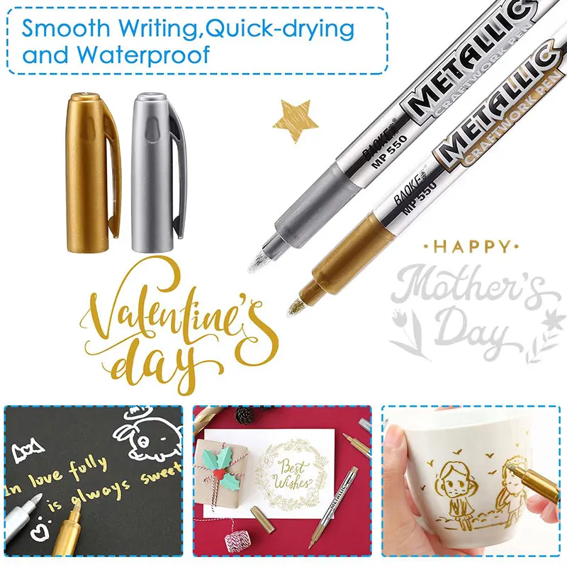 Metallic Paint Markers Silver and Gold Paint Marker Gold Ink Pen Markers Permanent Metallic Gold Metallic Marker